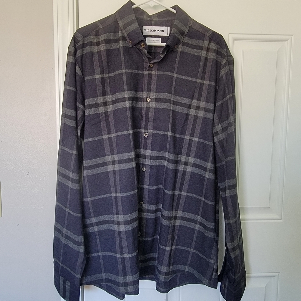 Mizzen + Main Gray Plaid Long Sleeve Button Down No Iron XXL Trim Fit